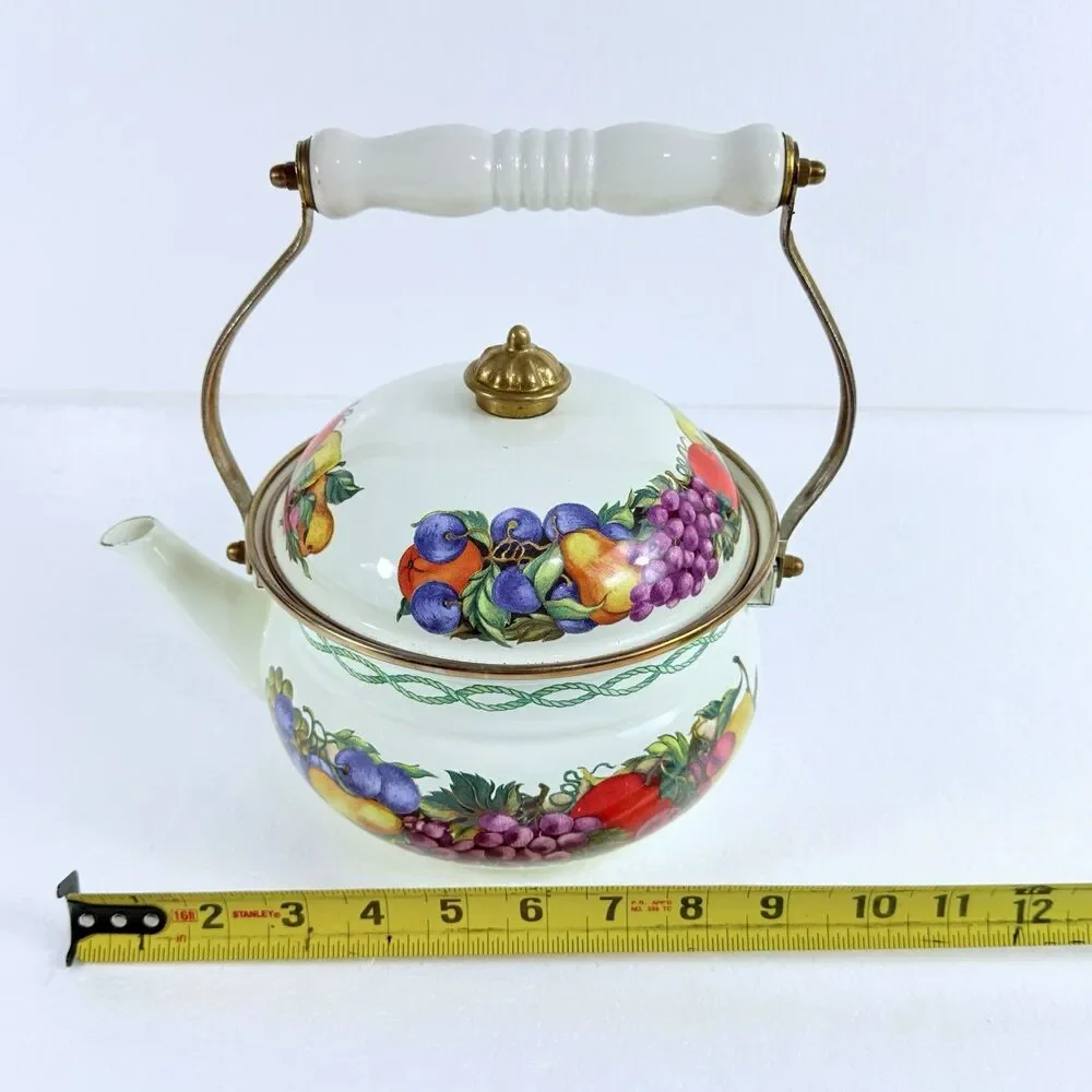 Vintage Cornucopia Enamelware Tea Kettle Pot Fruit Motif Ceramic Handle Taiwan